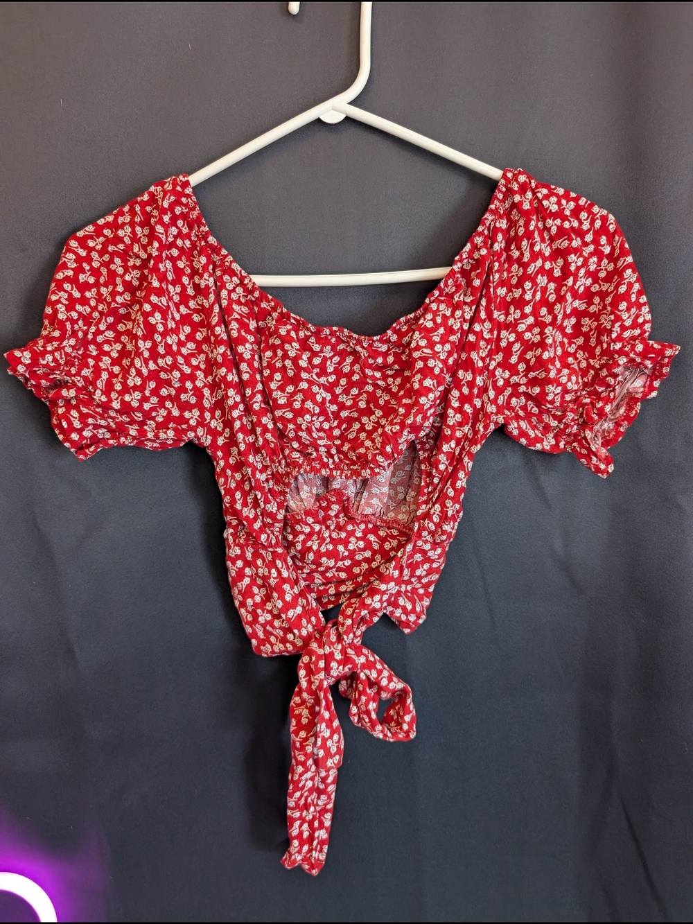 Red Floral Tie-back Women’s Two Piece Flowy Puff Sleeve Crop Top Long Skirt Set - Picture 6 of 13